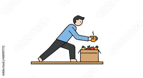 Minimalist vector illustration of a man practicing a yoga lunge pose, balancing a healthy lifestyle with a morning coffee and fresh fruit