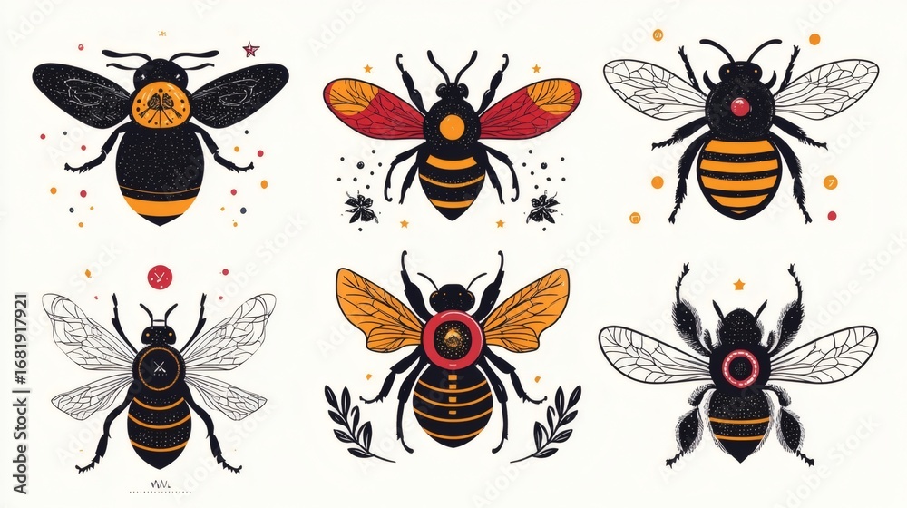 Obraz premium A collection of meticulously illustrated bees with intricate details and designs