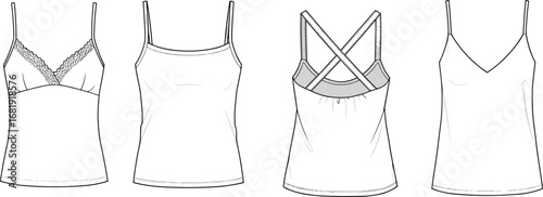 Set of women’s camisole top flat sketches, technical fashion CAD drawing, front and back view, stylish vector template design