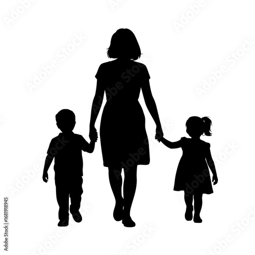 Mother Walking with Children Silhouette - Family Holding Hands Vector Illustration
