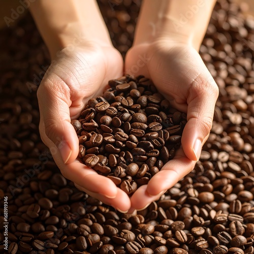 A close-up view of hands holding a collection of roasted coffee beans, surrounded by many more beans.