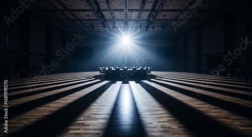 Round Table in an Empty Conference Hall with a Dramatic Light