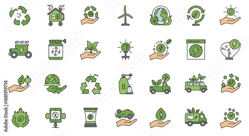 Green icons illustrating sustainable business practices, environmental protection, and eco-friendly investments.