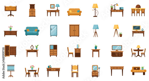 Collection of colorful flat-style home furniture icons: tables, chairs, sofas, cabinets, lamps.