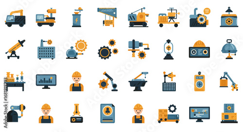 A diverse set of flat design icons depicting industrial machinery, engineering, and manufacturing processes.