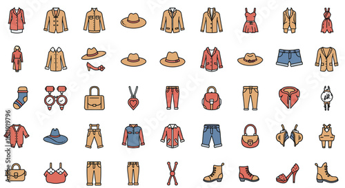 A collection of colorful line icons depicting various articles of clothing, fashion accessories, and apparel.