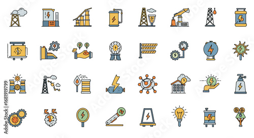 A collection of flat design icons representing various aspects of the energy industry, including power generation, distribution, and renewable sources.