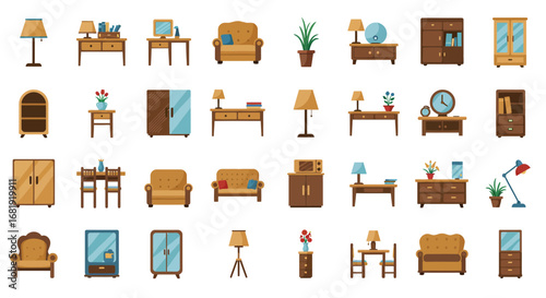 A comprehensive set of flat design furniture illustrations and household accessories for interior spaces.