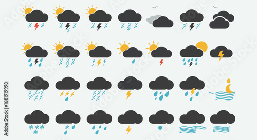 A collection of weather icons depicting various conditions including rain, sun, clouds, lightning, and a combination of these elements.