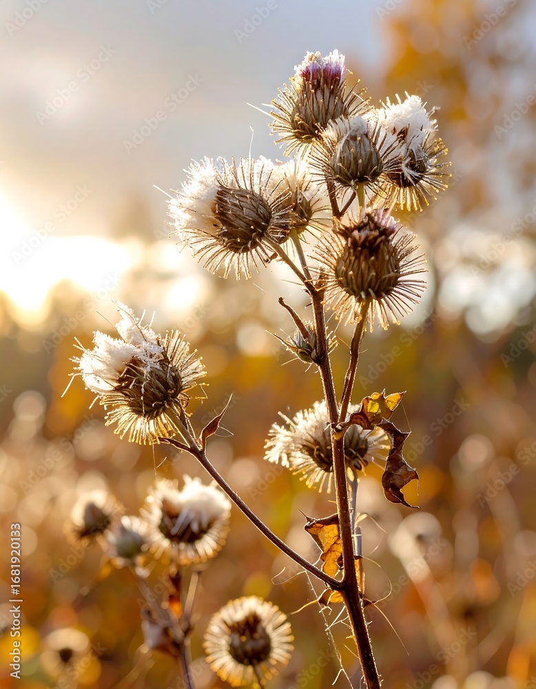 Obraz premium Close-up of a cluster of dried thistle seed heads, delicately covered in frost, bathed in the warm glow of a golden sunset.