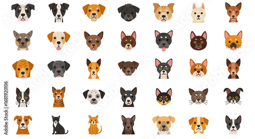 A diverse collection of various dog and puppy breed faces presented as a set of flat design vector icons on a white background.
