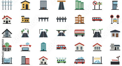 A collection of colorful flat design icons representing city life, buildings, transportation, and urban infrastructure.