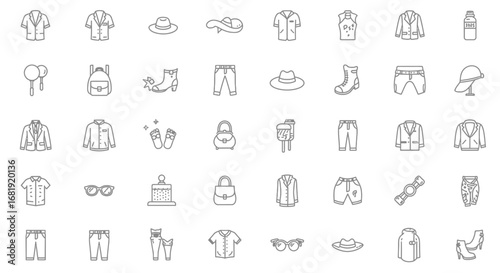 Collection of simple line art illustrations depicting various clothing items, accessories, and everyday objects.