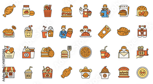 A vibrant collection of flat design icons representing various fast food items, drinks, and service elements, showcasing a diverse range of popular culinary choices.