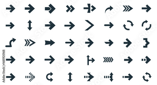 A collection of various dark gray arrow icons illustrating different directions, movements, and navigation concepts on a white background, showcasing diverse...