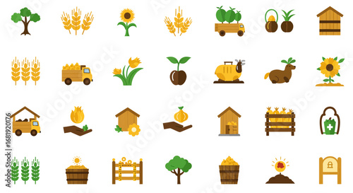 A collection of flat design icons representing various aspects of agriculture, including crops, farm equipment, and rural structures.
