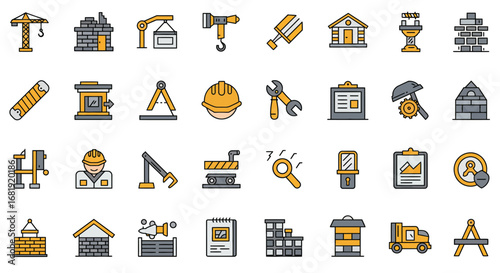 A comprehensive set of flat design icons illustrating the construction industry, featuring tools, machinery, buildings, and engineering concepts.