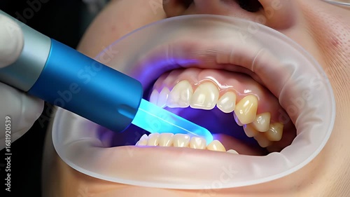 Dentists hand precisely aims blue UV curing light at patients mouth, hardening dental filling for a perfect seal.