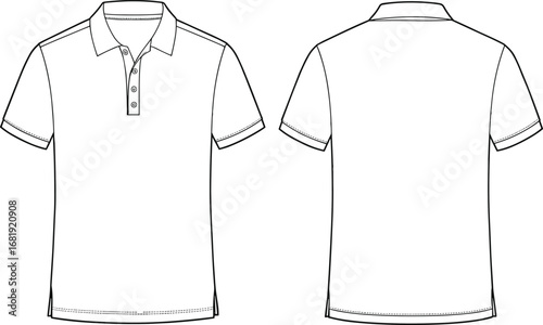 Polo shirt flat sketch vector illustration, front and back technical drawing, short sleeve collar button placket casual design