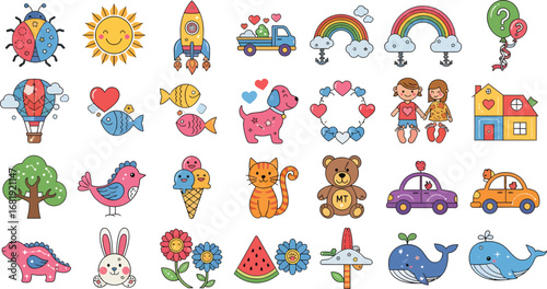 A vibrant collection of cute cartoon illustrations for children, featuring animals, nature, and objects.