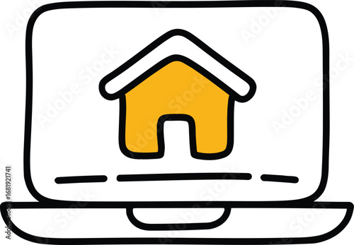 Vector art of online real estate search on laptop, showcasing house icon for property listings, home search, and real estate services available on the internet