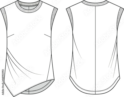 Sleeveless asymmetrical hem tank top technical flat sketch, crew neck design, modern casual wear, vector outline, front and back view.