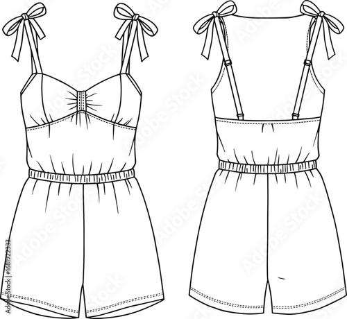 Sleeveless romper technical flat, front and back view, tied shoulder straps, summer playsuit design, fashion cad vector drawing template