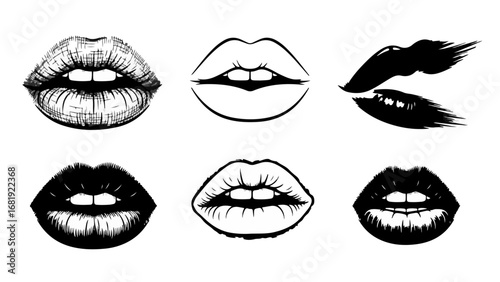 Bold black and white lips illustrations showcase feminine beauty and modern design, perfect for edgy branding, cosmetic promotions, or artistic creations
