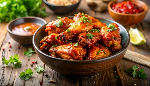 A large bowl brimming with flavorful, glazed chicken wings, garnished with fresh cilantro, sits on a rustic wooden table, accompanied by small bowls of sauces and a lime wedge.