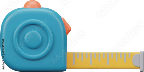A cartoon-style blue tape measure with a yellow tape.