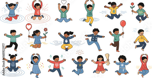 A vibrant collection of diverse cartoon children in various poses, expressing a range of emotions like joy and sadness.