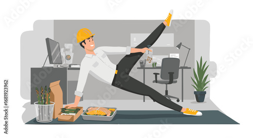 Young man in a hard hat stretches during a break from work, promoting a healthy lifestyle and work-life balance in a home office setting with takeout food