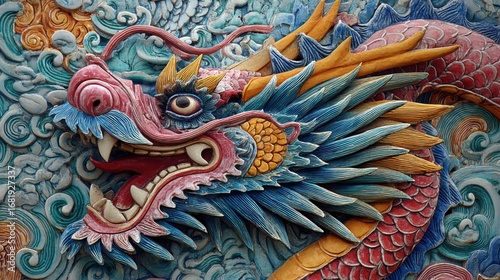 Wallpaper Mural Intricate dragon relief sculpture adorns a temple facade, displaying vibrant colors and detailed craftsmanship. Sunlight enhances its features against a decorative background Torontodigital.ca