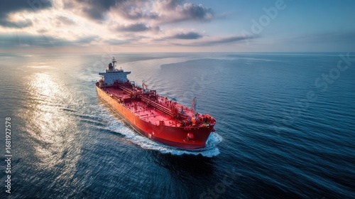 Red tanker ship sailing calmly on ocean at sunset, maritime oil transport, commercial tanker vessel, global energy shipping, sea freight logistics, industrial marine transport, and  fuel delivery