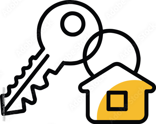 Illustration of a key with a house keychain, representing real estate, property, home ownership, security, and access, suitable for use in designs related to housing and rentals
