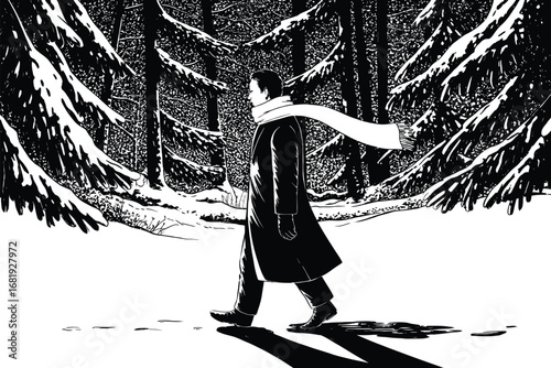 Solitary Figure Braving Wintry Forest Landscape – Artistic Winter Scene Vector Illustration Depicting Isolation and Nature’s Harsh Beauty