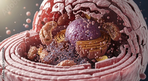 Detailed 3D rendering of a eukaryotic animal cell cross-section, showcasing the intricate organelles like the nucleus and mitochondria