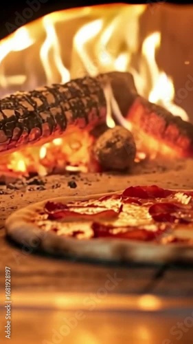 A Delicious pizza is being baked inside a wood-fired oven. 