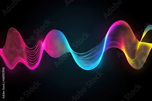 Abstract vibrant waveform with flowing, multicolored, translucent lines on a black background; exhibiting a dynamic, energetic, and smooth visual texture
