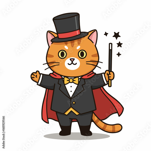 Charming magician cat in tuxedo and top hat conjures stars with a wand, ready for enchanting performances.