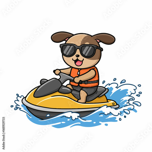 Joyful dog wearing sunglasses and life jacket rides a jet ski through vibrant water splashes