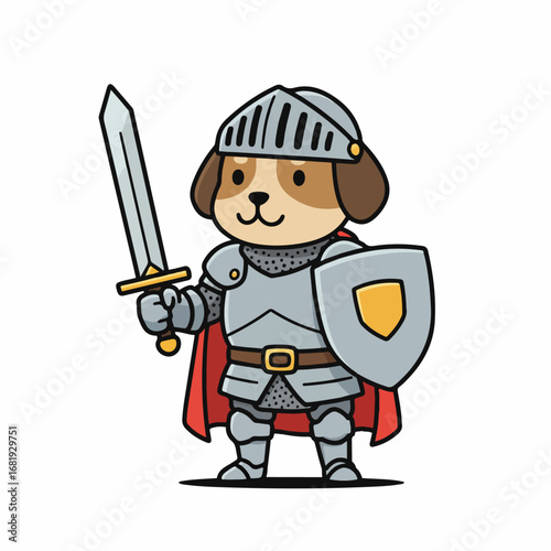 Brave cartoon dog knight in armor holds sword and shield ready for adventure and protection
