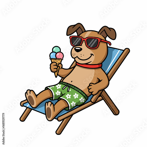 Happy cartoon dog relaxes on a beach chair with ice cream and sunglasses, enjoying summer vacation.