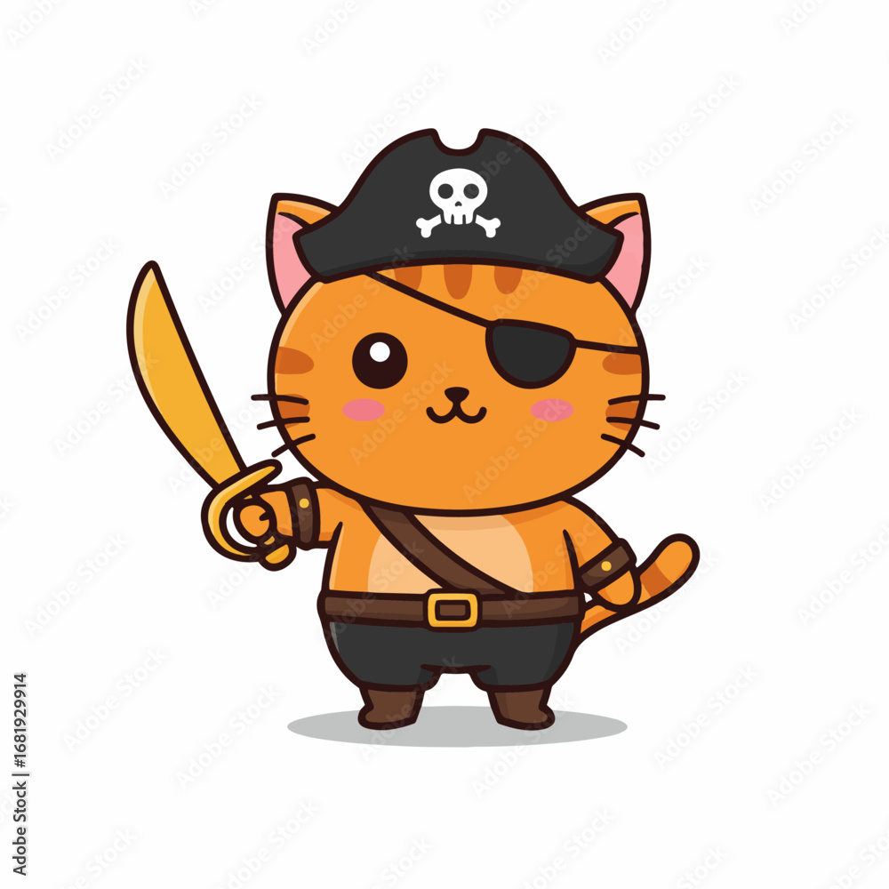 Obraz premium Adorable pirate cat with eye patch and sword ready for swashbuckling adventure