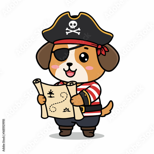 Adorable pirate dog excitedly studying a treasure map, ready for adventure and discovery.