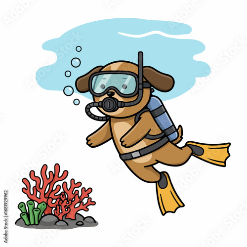 Adorable cartoon dog enjoys scuba diving adventure exploring vibrant coral reef with playful bubbles