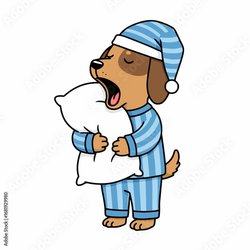 Adorable sleepy dog in pajamas hugs pillow ready for bed, feeling tired and cozy