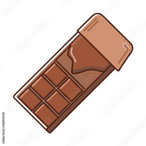 A chocolate bar with wrapper partially opened, delicious treat illustration style
