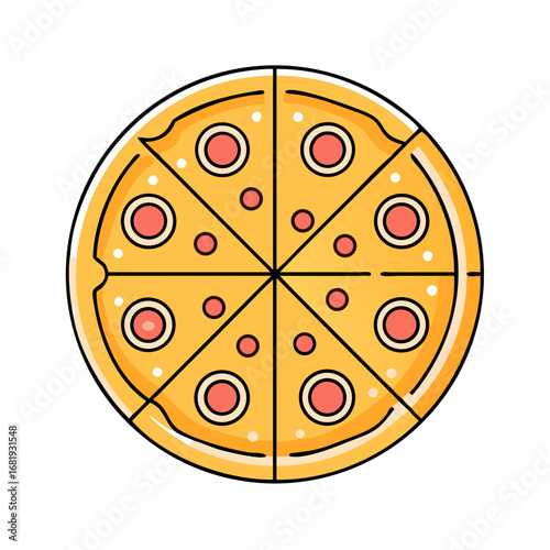 Delicious looking pepperoni pizza cut into eight slices with yellow cheese