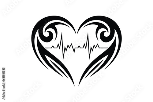 Stylized Heartbeat Design with Tribal Accents – Vector Illustration Symbolizing Vitality and Life Energy in Bold Tribal Style